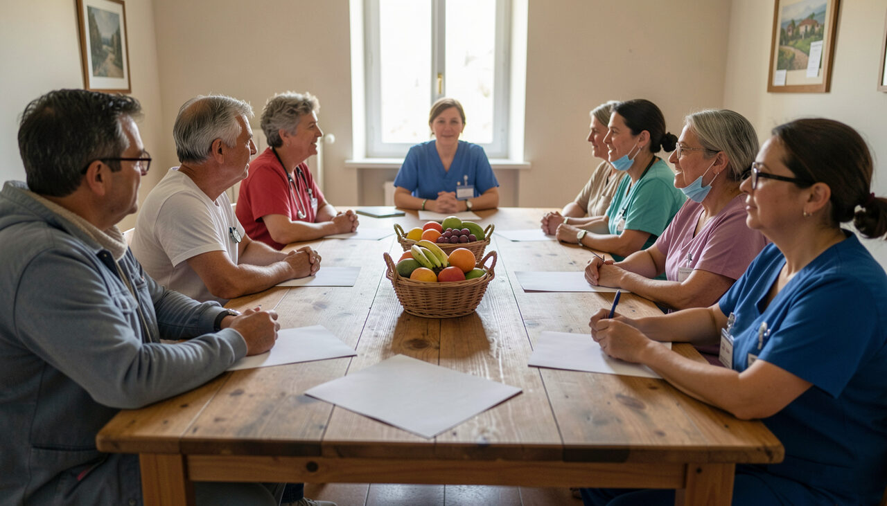 Bénévoles et professionnels de santé réunis autour d’une table en bois dans une salle associative en Corse