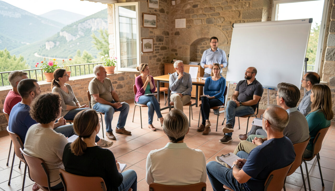 Atelier de formation en Corse, participants adultes assis en cercle écoutant un animateur près d’un paperboard vierge