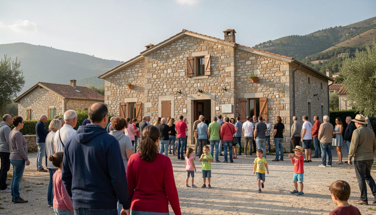 Foule rassemblée devant une salle communale en pierre en Corse par un après-midi clair, enfants jouant à proximité