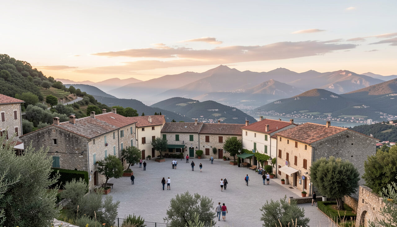 Vue panoramique d’un village corse perché au coucher du soleil avec des habitants sur une place pavée