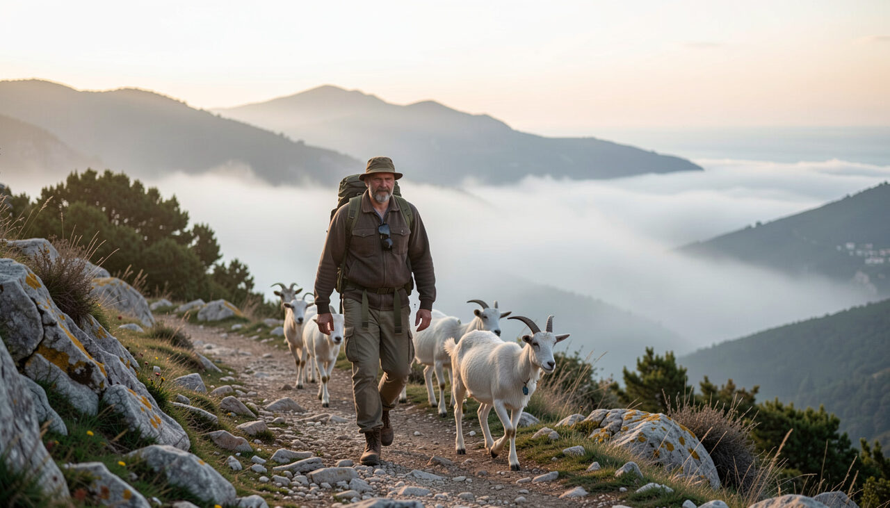 Berger marchant avec ses chèvres sur un sentier rocailleux en Corse à l’aube avec la brume de mer dans la vallée