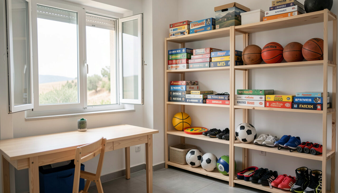 Salle de ressources lumineuse en Corse avec des étagères en bois portant jeux de société et matériel de sport