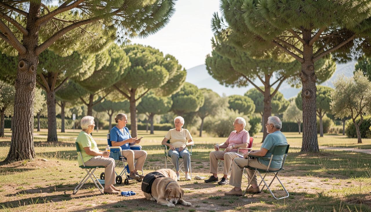 Séance de gymnastique douce pour seniors animée par un kinésithérapeute dans un parc ensoleillé en Corse