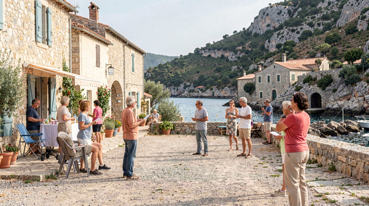 Habitants réunis sur une place de village corse au bord de l’eau, maisons en pierre et collines de maquis en arrière-plan