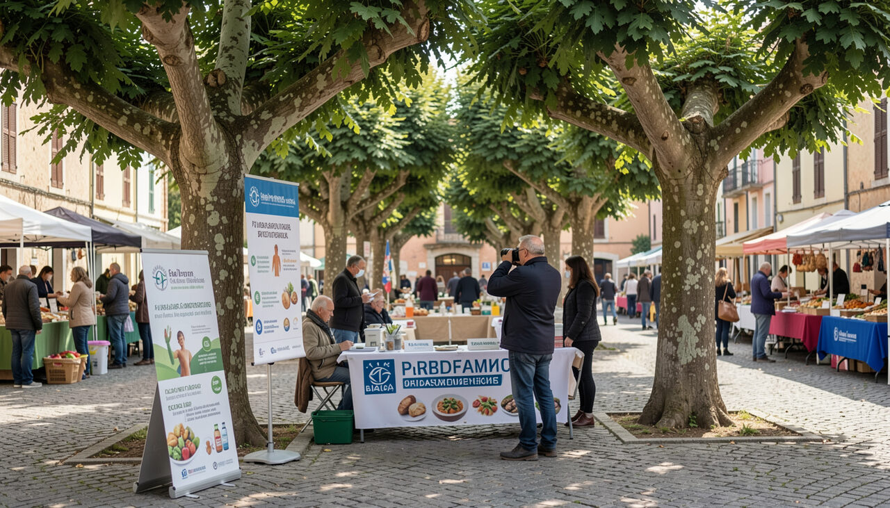 Journaliste photographiant un stand de prévention santé sous des platanes sur une place de marché en Corse