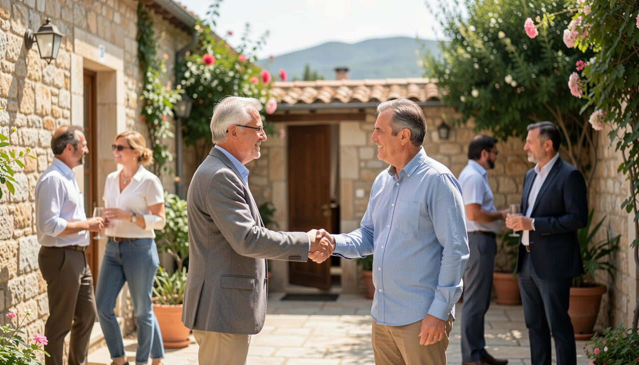 Deux membres associatifs se serrant la main dans une cour ensoleillée en Corse pendant que des collègues discutent