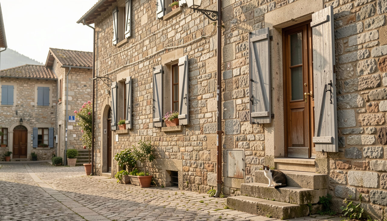 Ancien bâtiment en pierre aux volets ouverts dans une rue de village corse à la lumière douce de l’après-midi