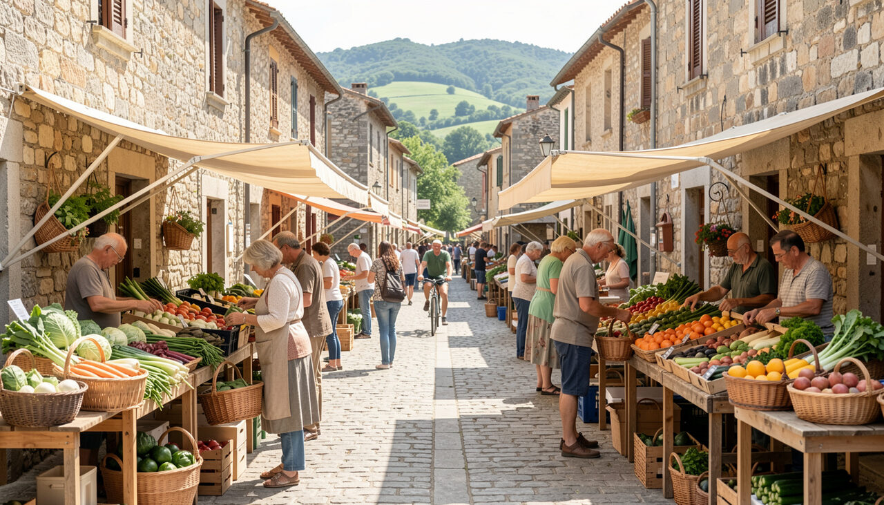 Étal d’un marché matinal dans un village corse, acheteurs choisissant des légumes frais sous des auvents de toile