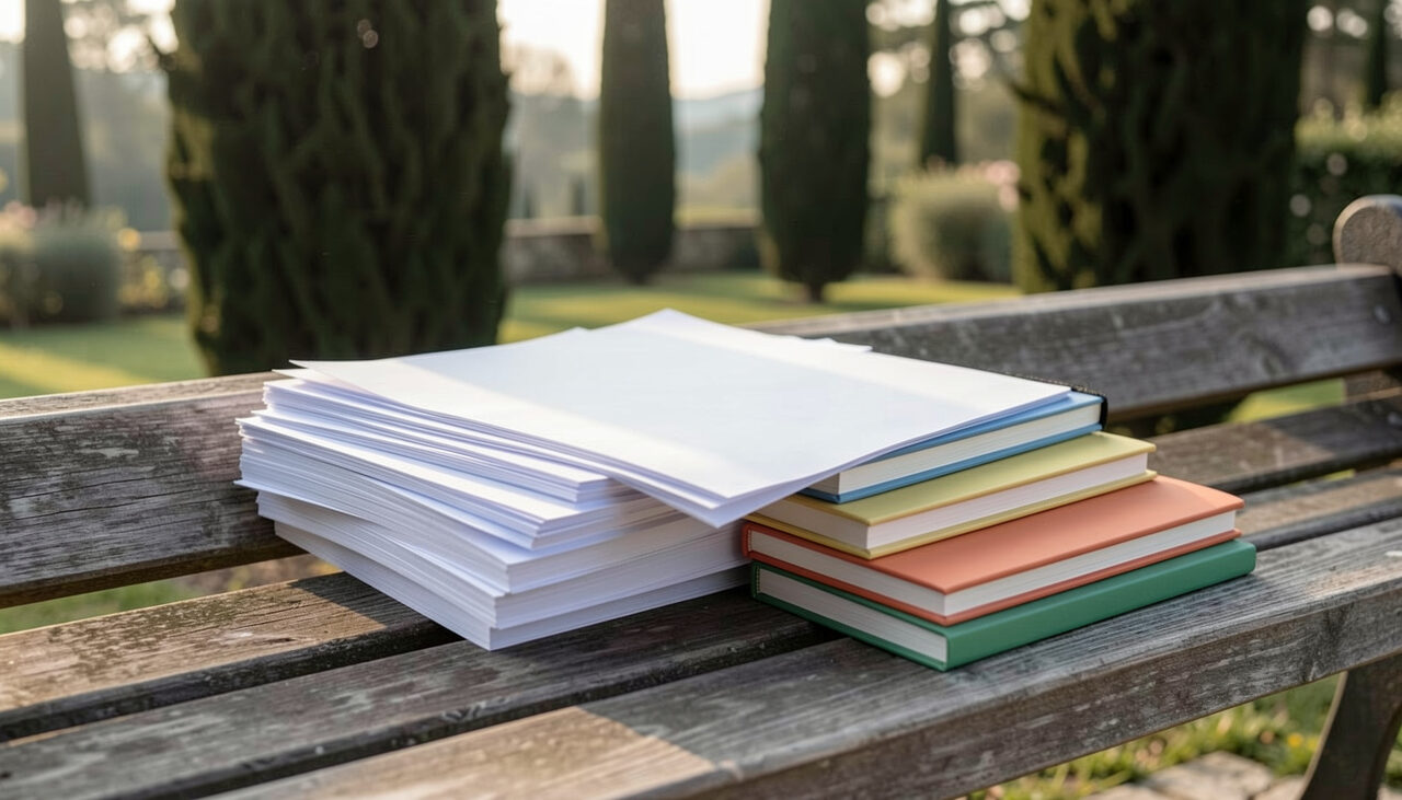 Pile de feuilles blanches et carnets aux couvertures unies posés sur un banc en bois dans un jardin corse, cyprès en arrière-plan